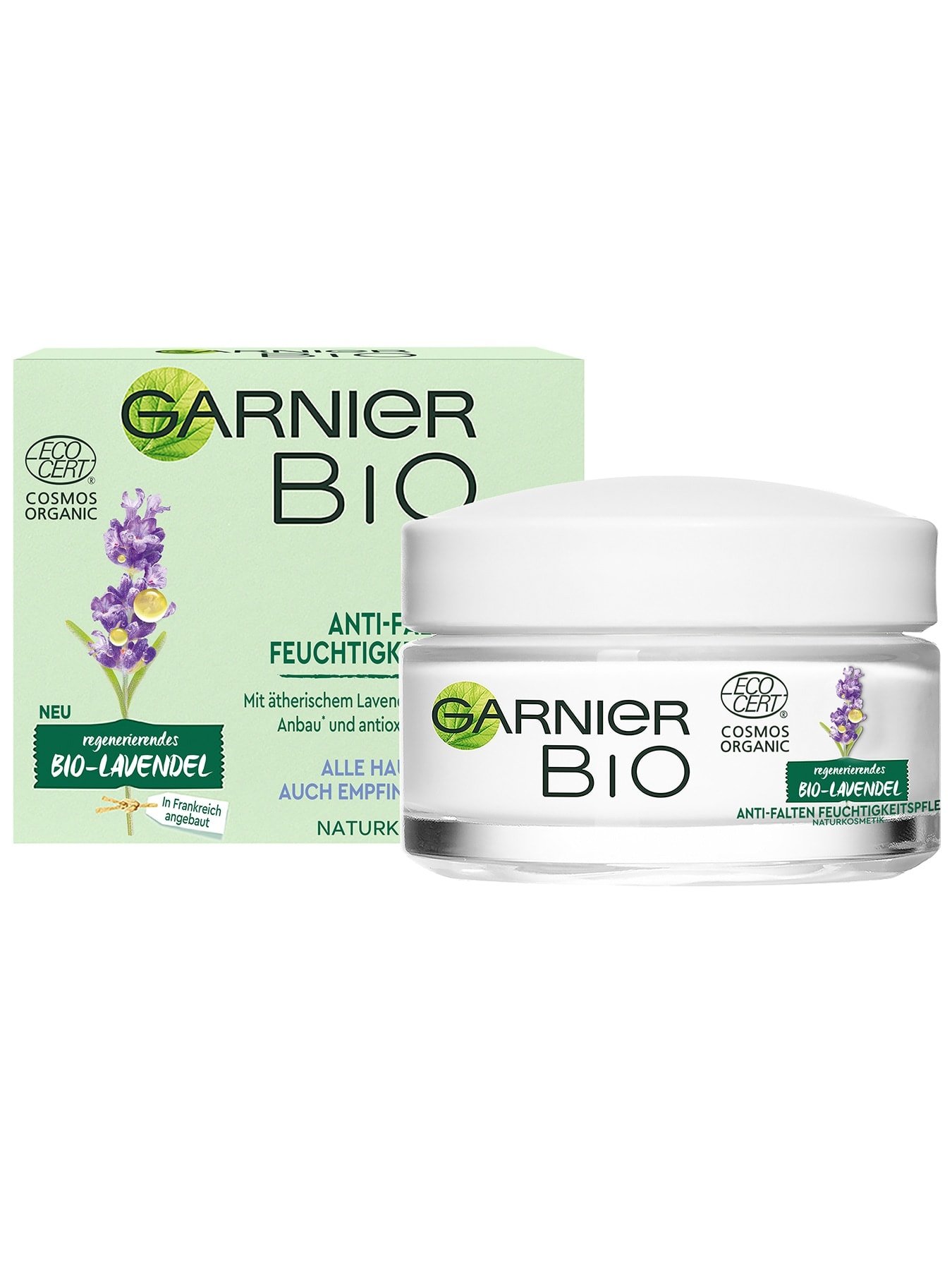 Garnier Bio Lavendel Anti-Falten Feuchtigkeitspflege - Abbildung Produkt & Verpackung